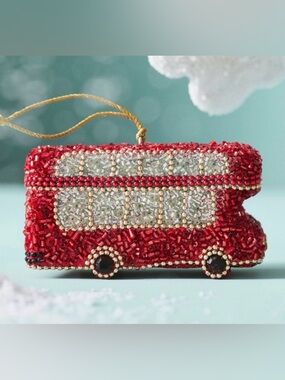 Anthropologie Hand Beaded Travel Ornament London Bus Holiday Gift New With Tags